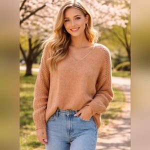 VAEH & Co Womens Open Knit Crochet V-neck Sweater Size Small Rose Color Beachy